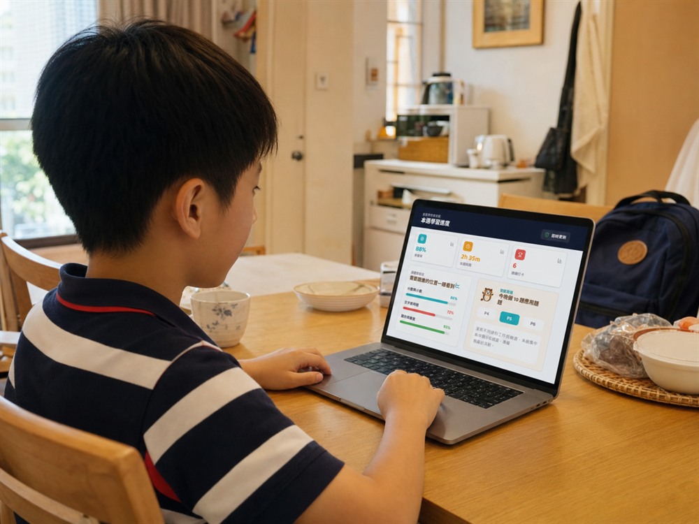 小學生在家中餐桌旁用手提電腦練習