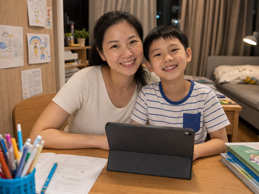 家長和孩子在家用平板練習